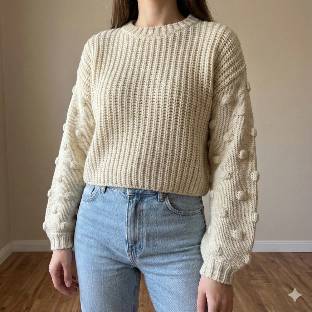 Moon & Madison Womens Neutral Cream Dot Cropped Knit Sweater Size Small